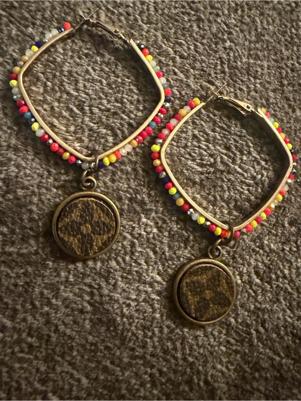 Handcrafted Multicolor Beaded Hoop Earrings with Bronze Upcycled Medallion